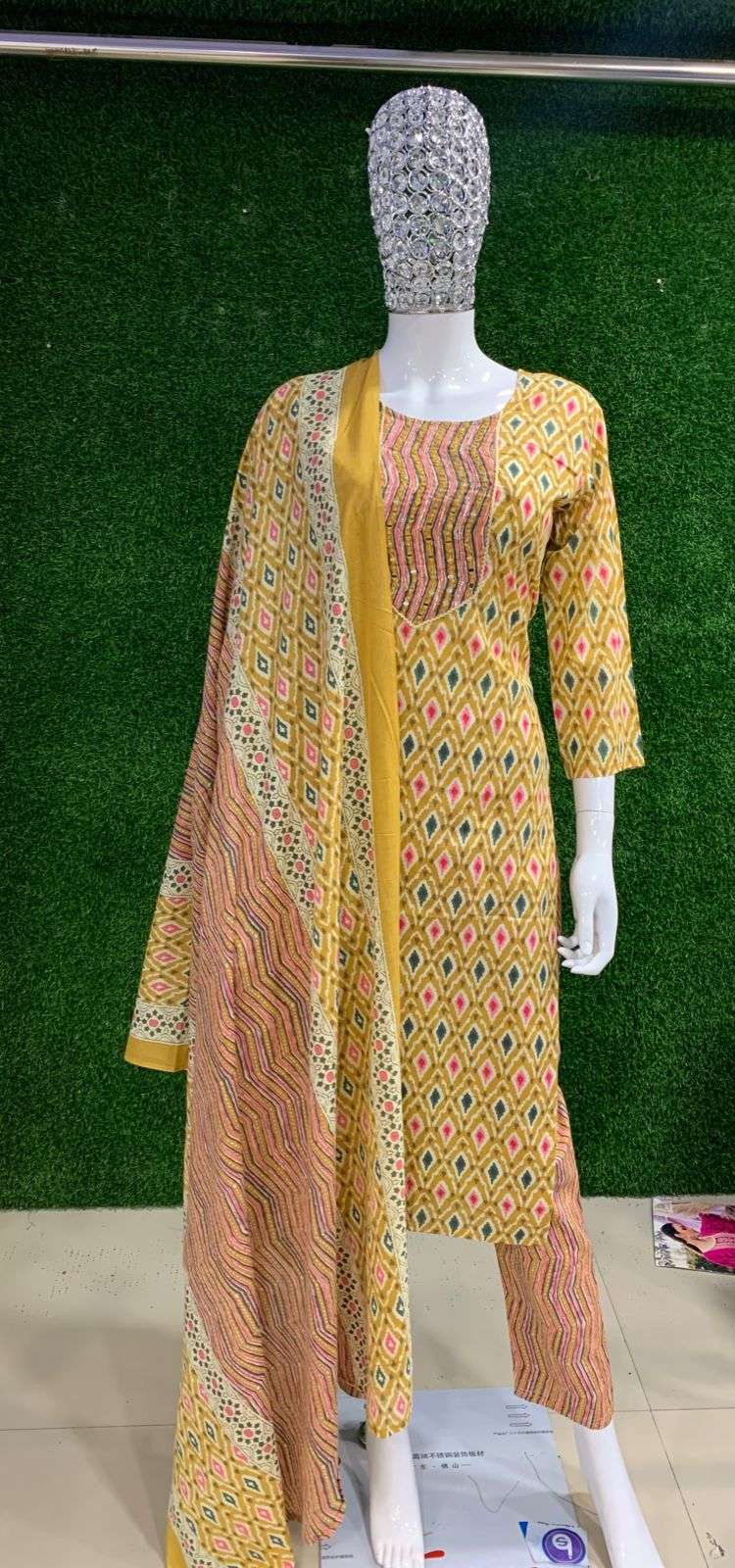 BEMITEX PRESENTS YELLOW PURE 60-60 COTTON FABRIC BASED EMBROIDERY WITH MIRROR WORK 3 PIECE READYMADE SUIT COMBO COLLECTION WHOLESALE SHOP IN SURAT